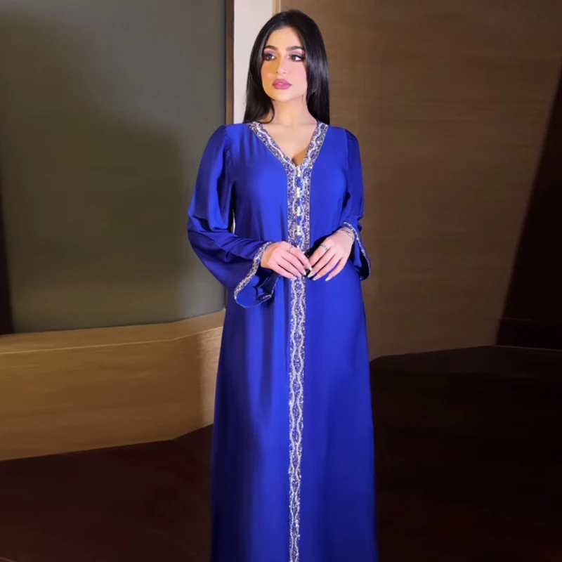 

Wholesale Middle East Dubai Turkey Arabic Abaya Dress Women Fashion Muslim Moroccan Kaftan Diamond Ribbon Jalabiya Royal Blue, Picture