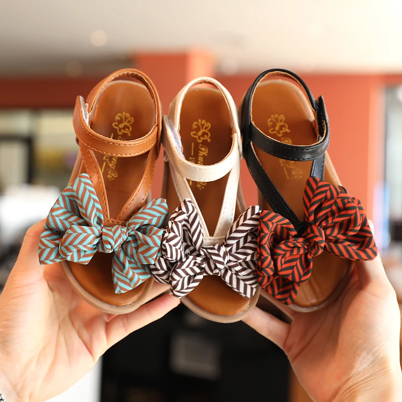 

2021 summer open-toed soft bottom cute bow girl beach shoes sandals girls single shoes, White/black/brown