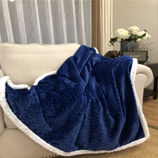 Modern Soft Navy Plush Double Layer Sherpa Blanket Printed Jacquard Style