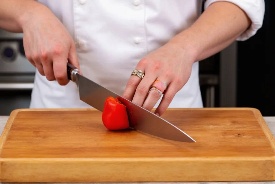 Professional chef demonstrating proper grip on chef's knife while cutting red bell pepper on wooden cutting board