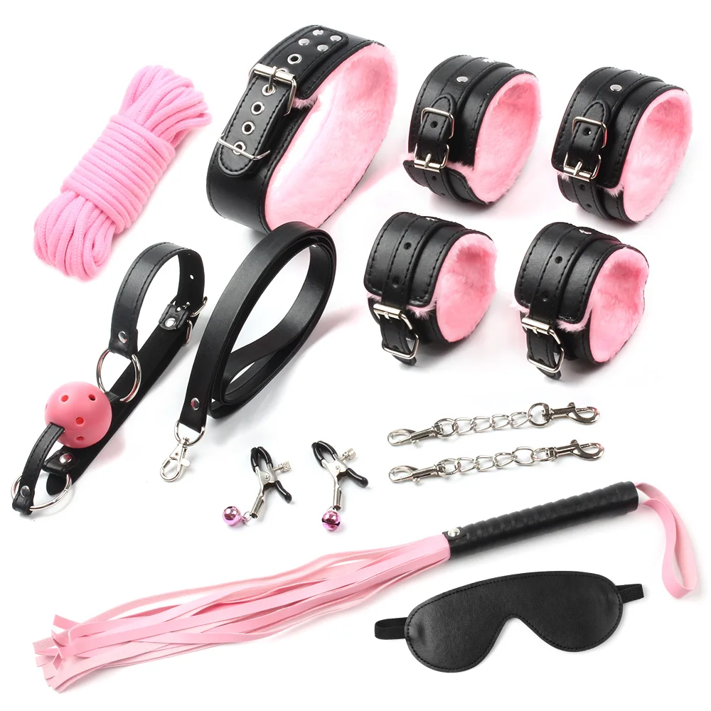 

Leather SM Bondage Set For Couples Roleplay Handcuff Collar Nipples Clamps Gag Whip Rope Restraints Kit