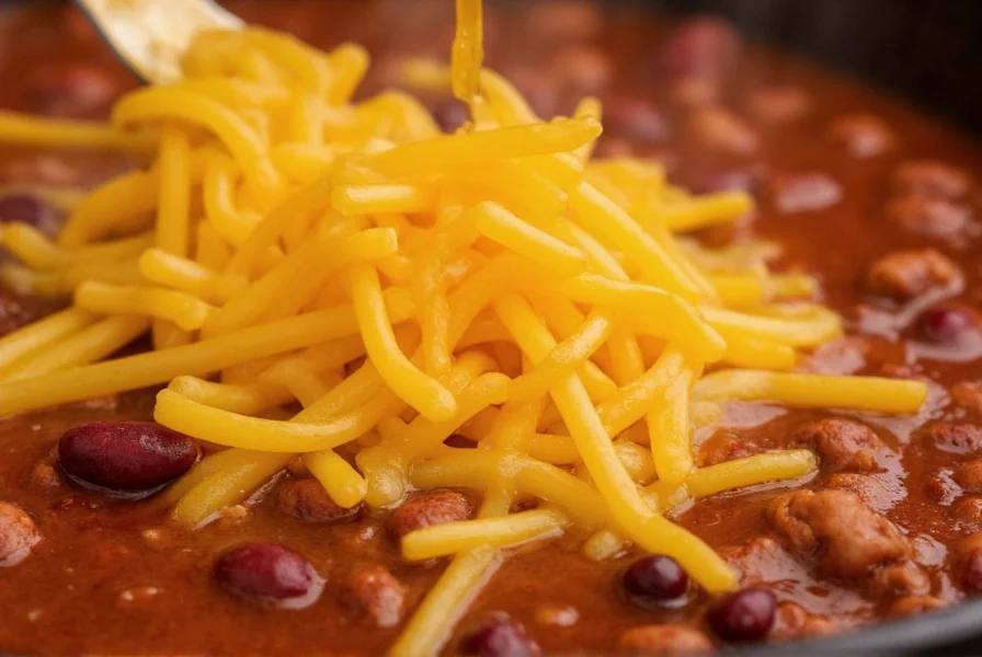 Close-up of melted cheddar cheese being poured over steaming bowl of chili con carne with visible bean and meat texture