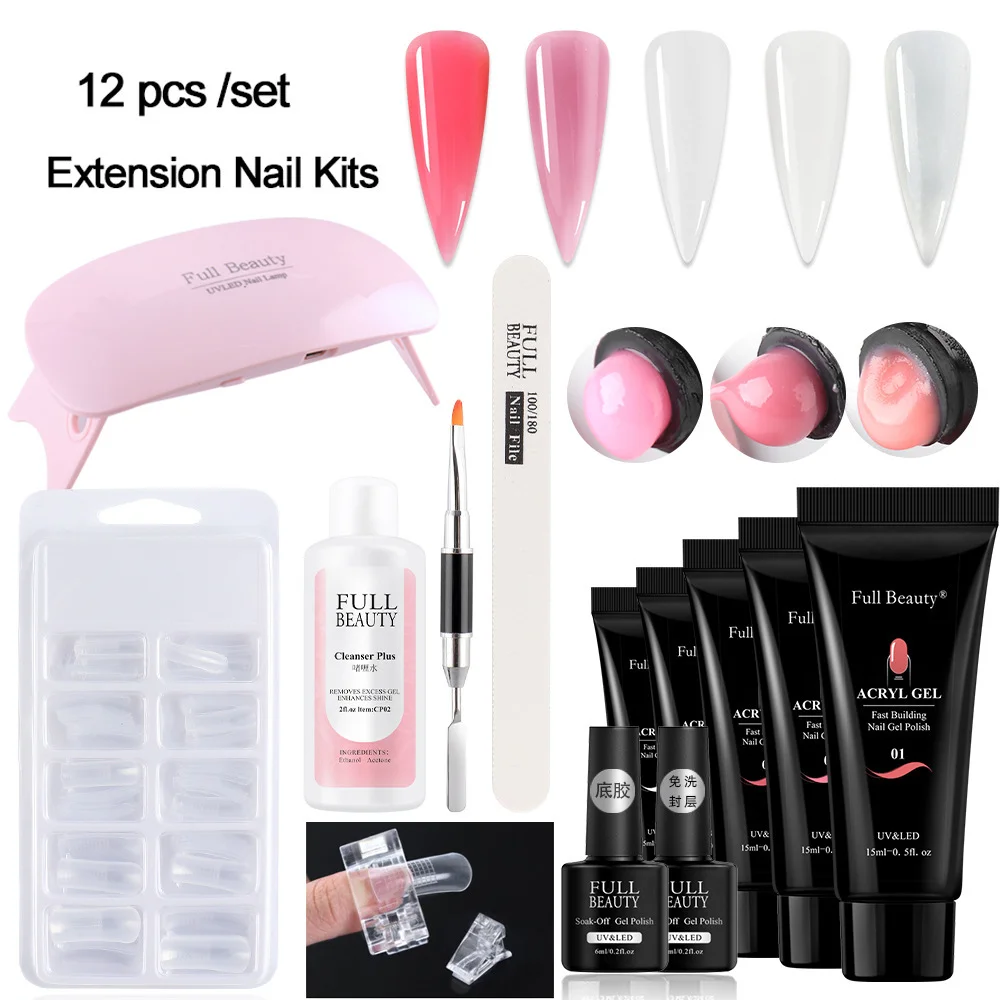 

New Wholesale Hot selling gel nail set wholesale nail extension tool set 9/12 pcs nail kits and lamp, Pink