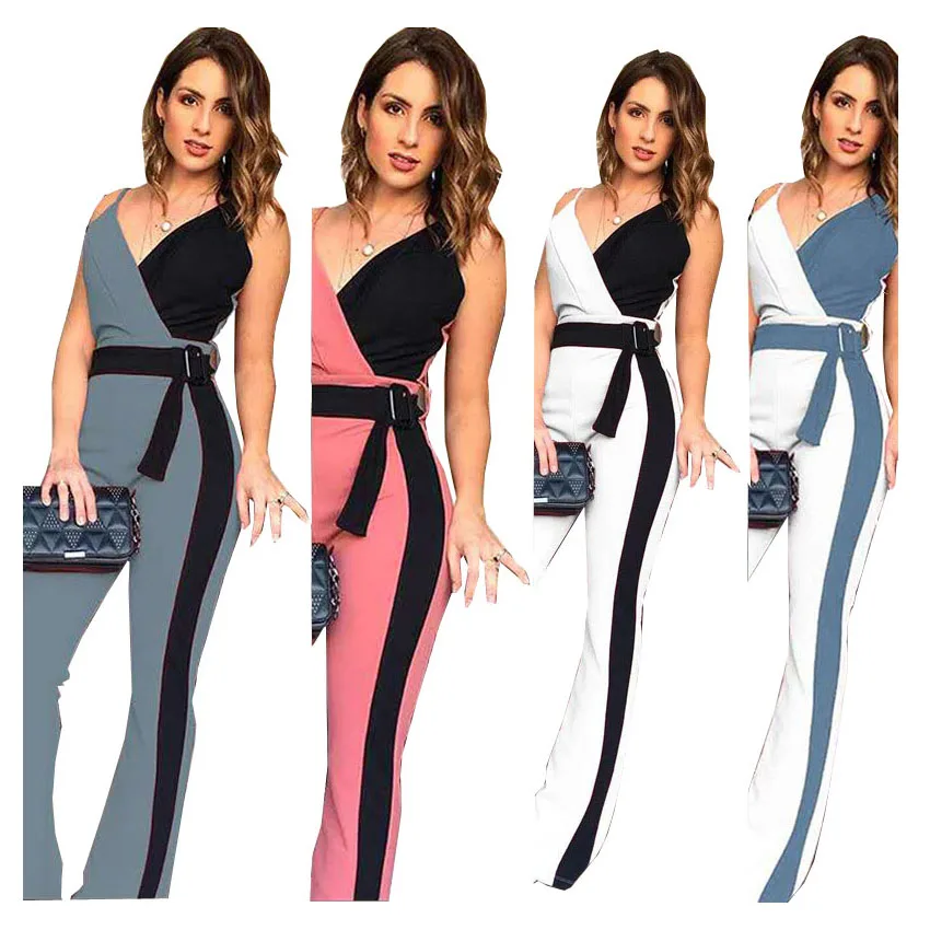 

SA8885 2021 trendy patchwork color summer one piece bodycon sleeveless regular modest ladies jumpsuits and rompers, Picture