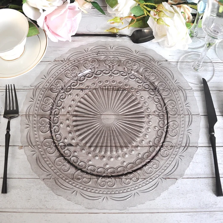 

Custom 13 Inch Vintage Embossed Gray Glass Wedding Lace Charger Plates Wholesale