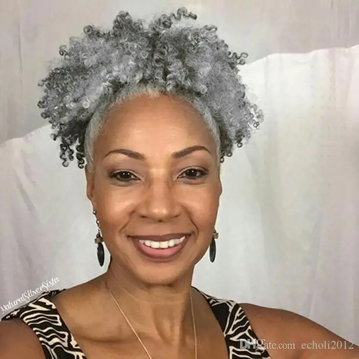 

Human hair Grey kinky curly ponytails extension,gray hairpiece afro bun puff ponytail wig 120g 10-20inch