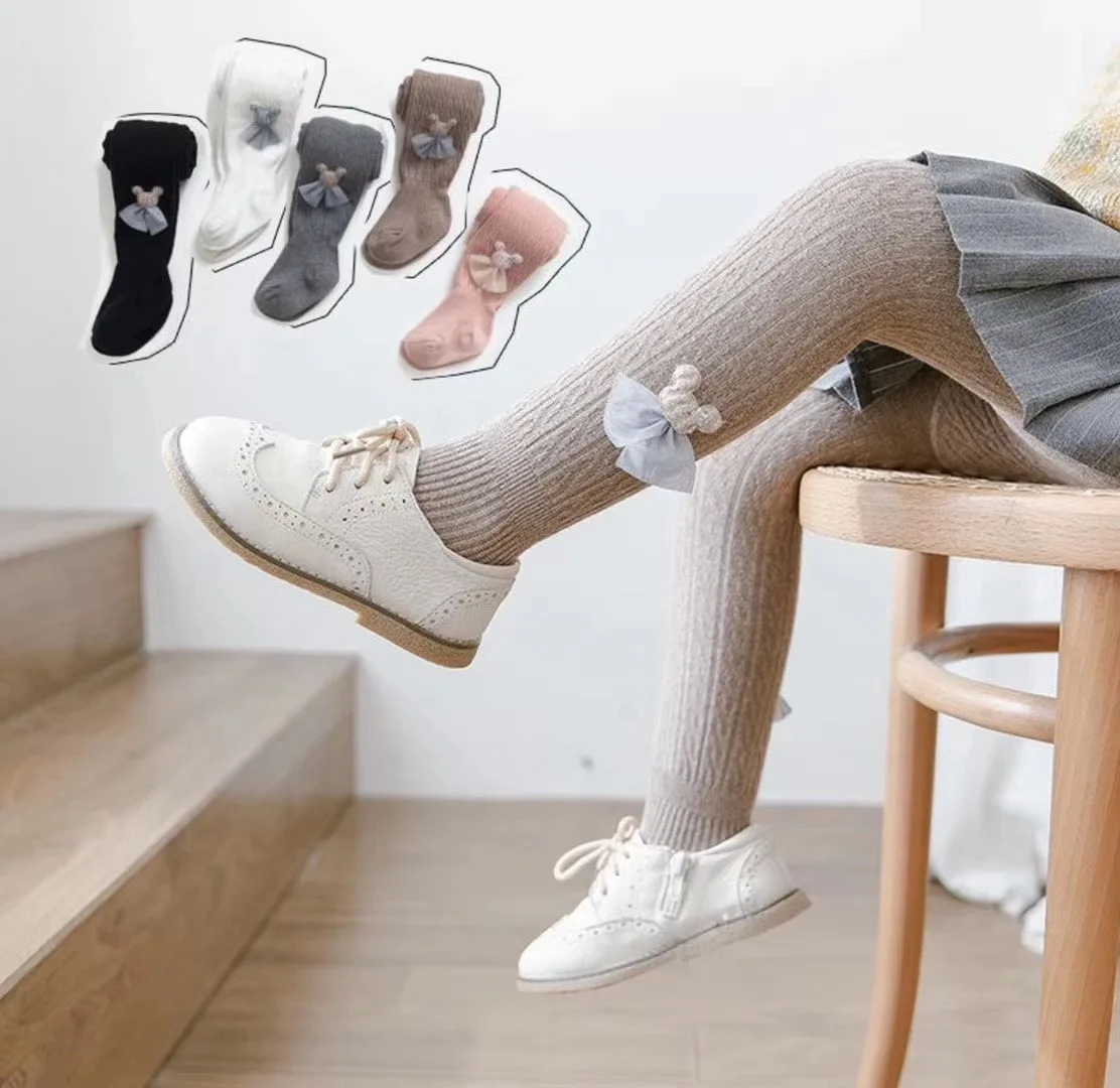 

Autumn And Winter New Children Vertical Stripes Small Twist Pantyhose Bear Lace Baby Leggings