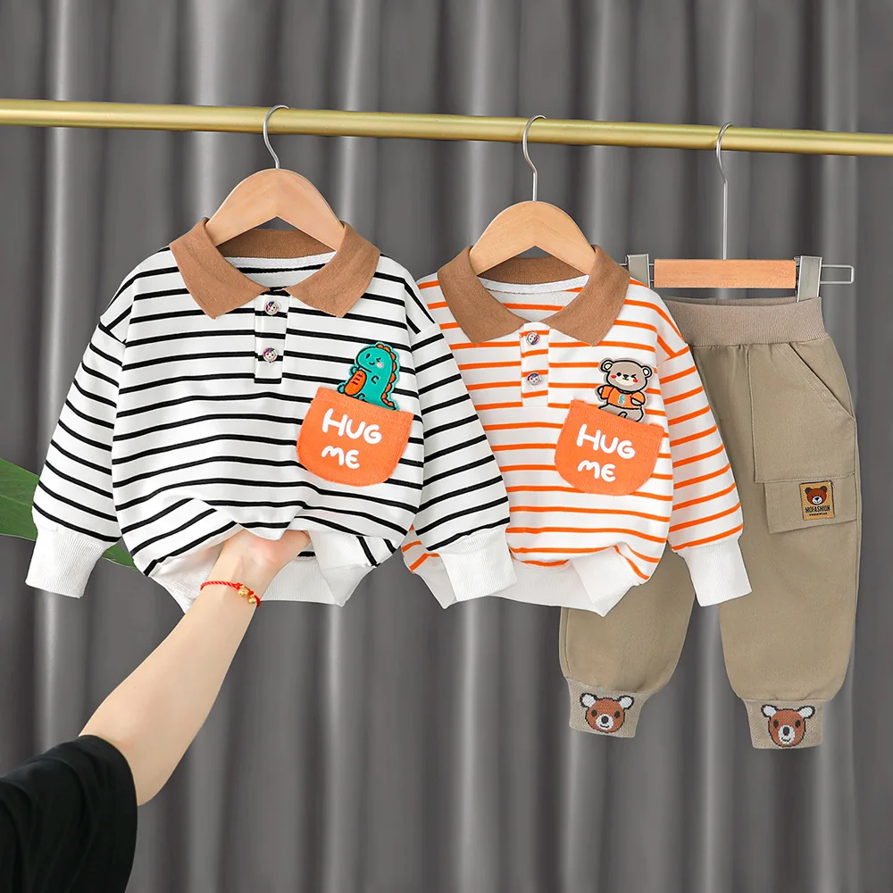 

Wholesale new fashion toddler Boys 2 Pieces Clothing Set long sleeves cartoon striped polo shirt + cargo pants for kids, Picture shows