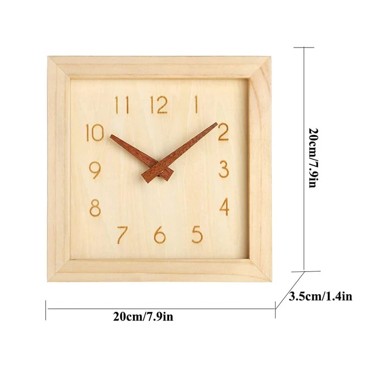 8 inch Square Solid Wood Wall Clock for Kitchen Bedroom Living Room