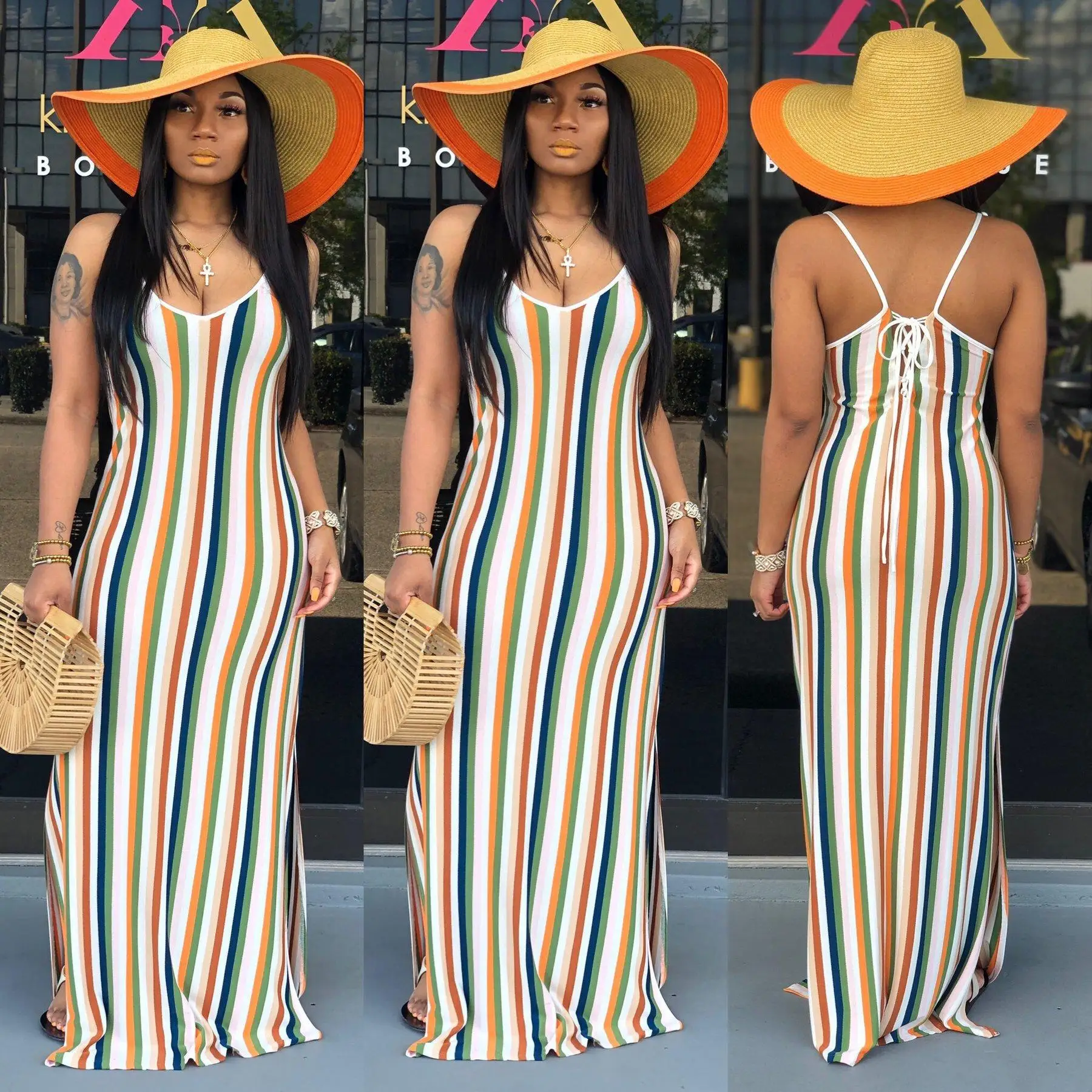 

Multicolor Striped Cotton Casual Dress Lace Up Maxi Woman Dresses Vestidos Mujer F95