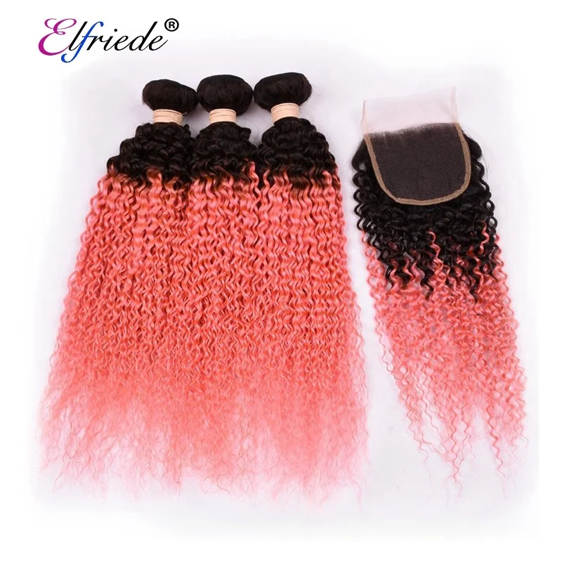 

#T 1B/Pink Fashion Kinky Curly Ombre Hair Bundles with Lace Closure 4"x4" Brazilian Remy Human Hair Wefts with Closure JCXT-208