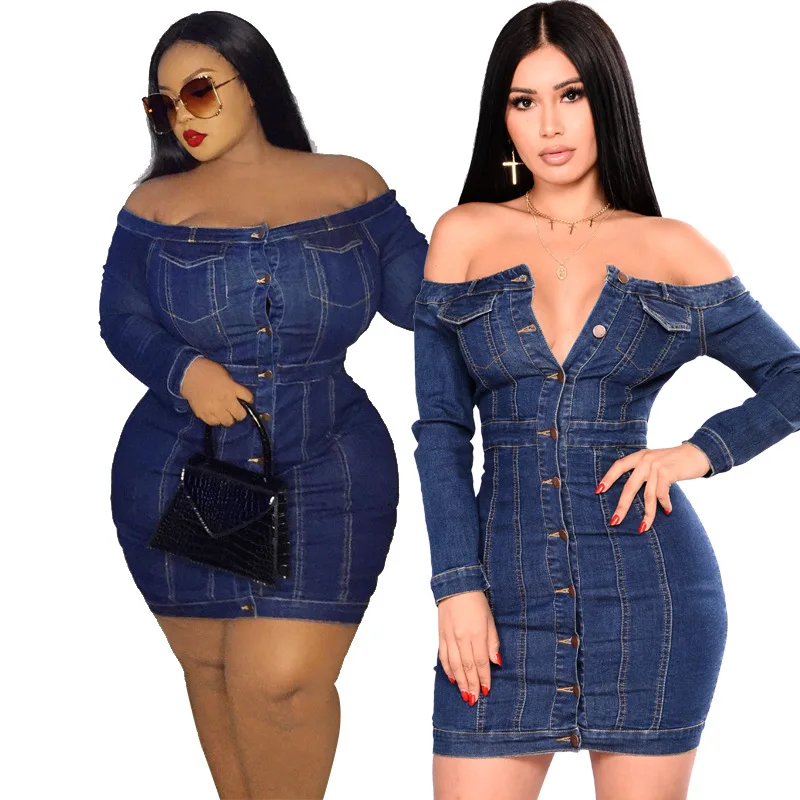 

BY014 New sexy M-5XL hot sale Amazon 2021 fashionable buttons decorated off shoulder plus size denim women's dress