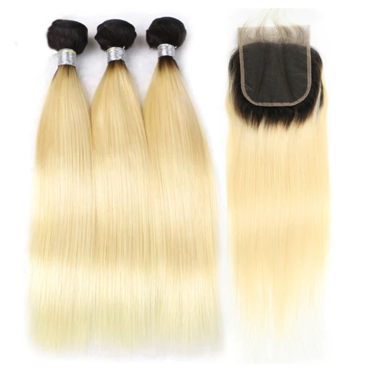

Factory Low Price Virgin Hair Bundle Raw Indian Hair Silky Straight 1B/613 Ombre Color Human Hair Bundles With 4x4 Lace Closure
