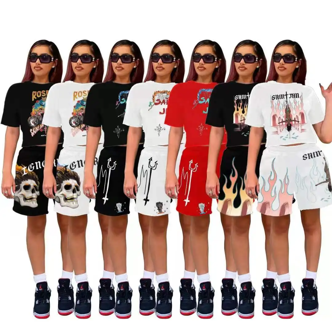 

Summer 2021 new trendy xs women clothing sets 2 piece high street graffiti sweat shorts set fashionable, 6color as picture