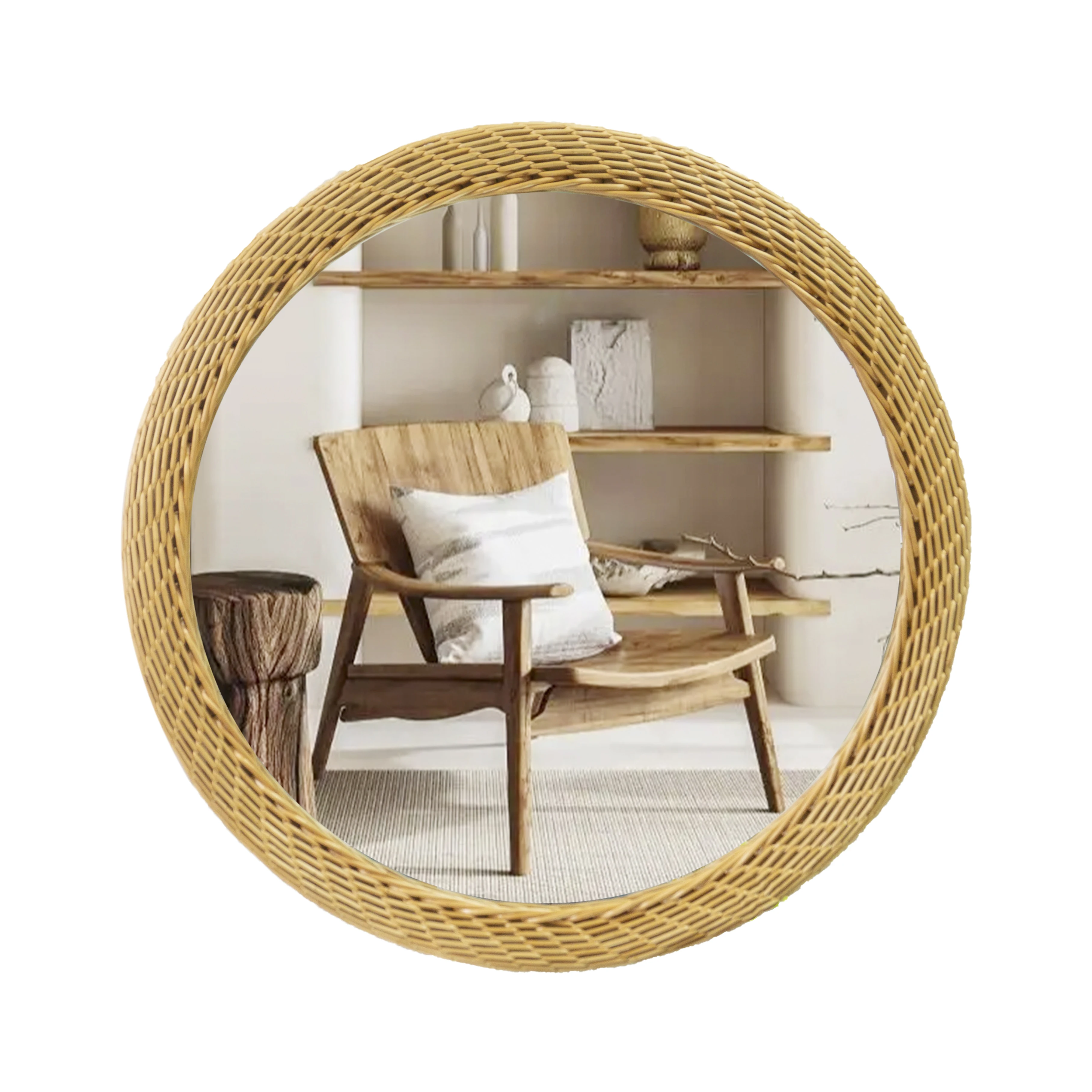 60cm Literary and Retro Style Handmade Rattan Mirror Home Home Wall Decoration Circular Pendant Hanging