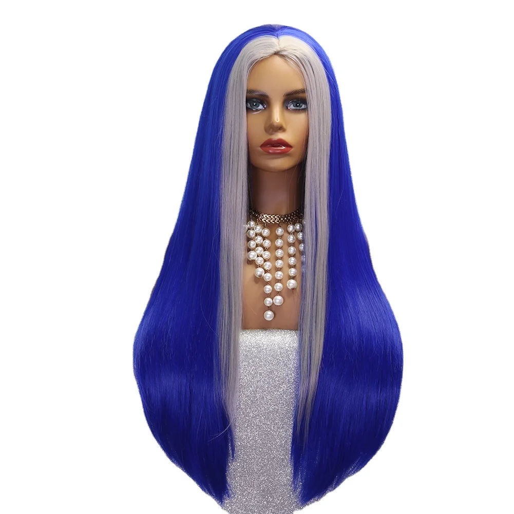 

Gray Ombre Blue No Lace Synthetic Wig Heat Resistant Chemical Fiber Wig All Machine Made Simulation Scalp Women Wig