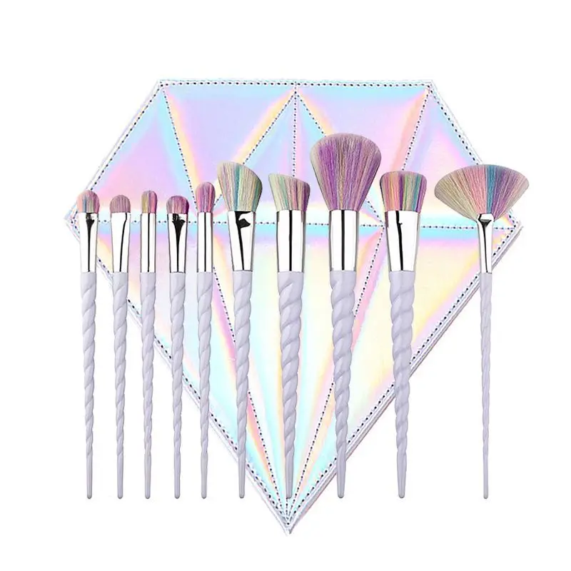 

Amazon Best Selling 10 pcs Unicorn Colorful Rainbow Hair Makeup Brush Set With Laser Diamond Bag Wholesale Makeup Brushes