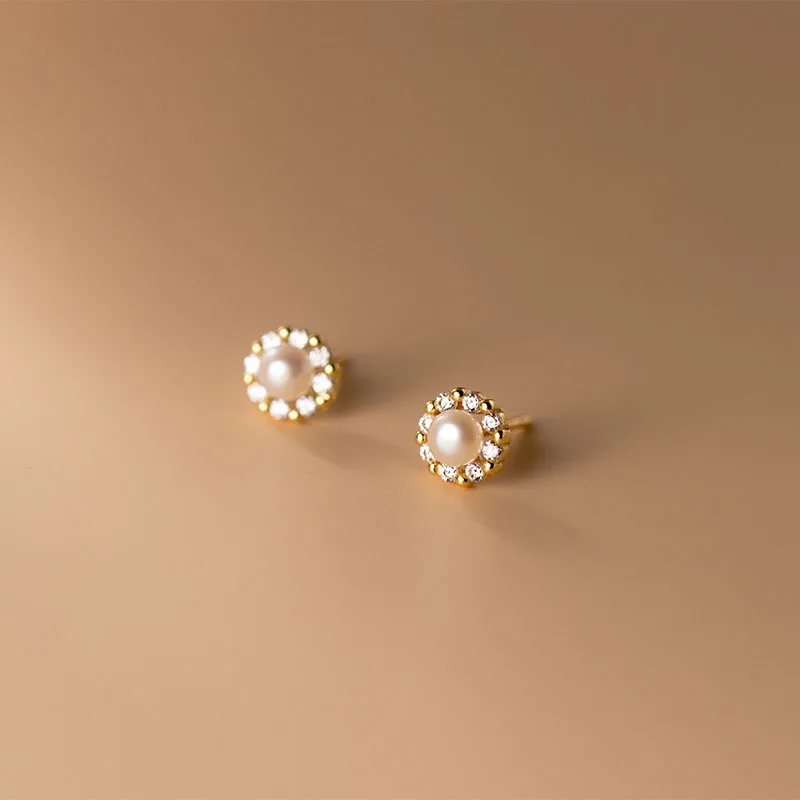18K Gold Plated 925 Sterling Silver Cubic Zircon Freshwater Wedding Stud Earrings for Girls Women Gifts