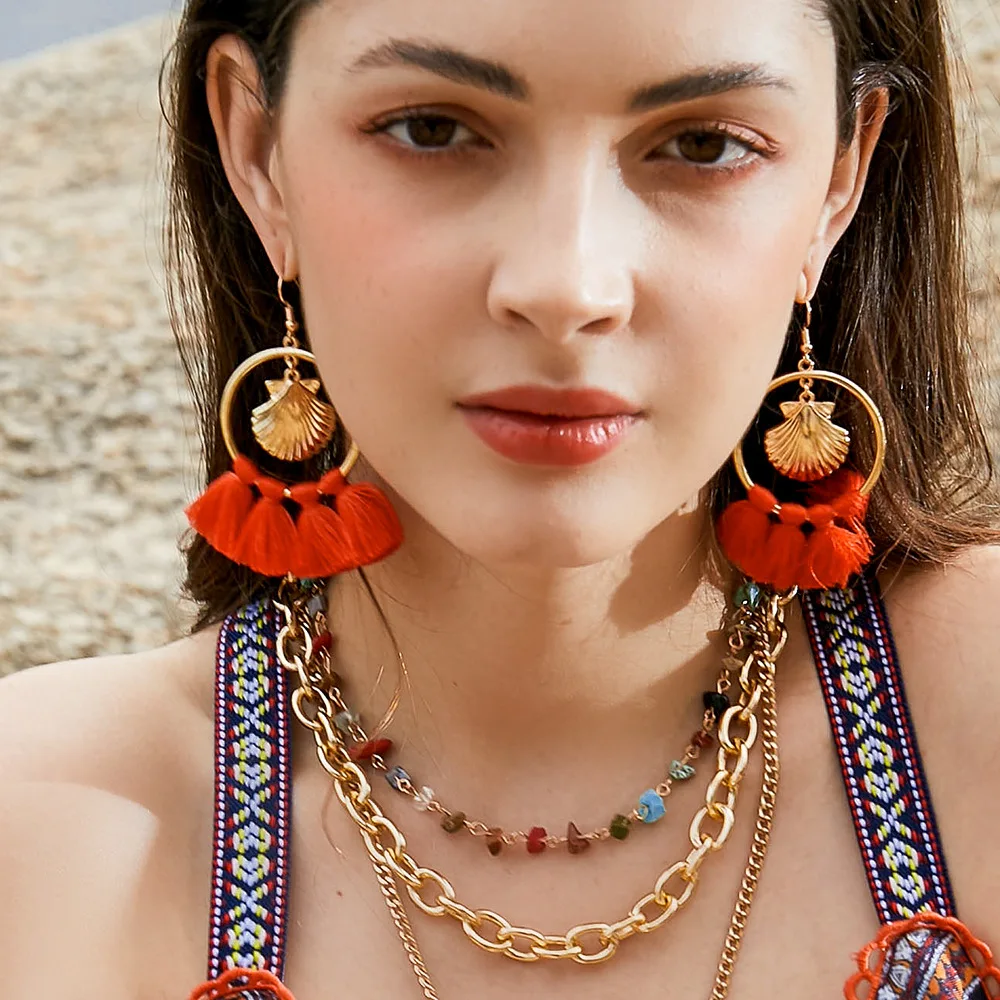 

Bohemian Ethnic Gold Round Circle Shell Pendant Drop Earrings Thread Tassel Fringe Hook Earrings, As pictures