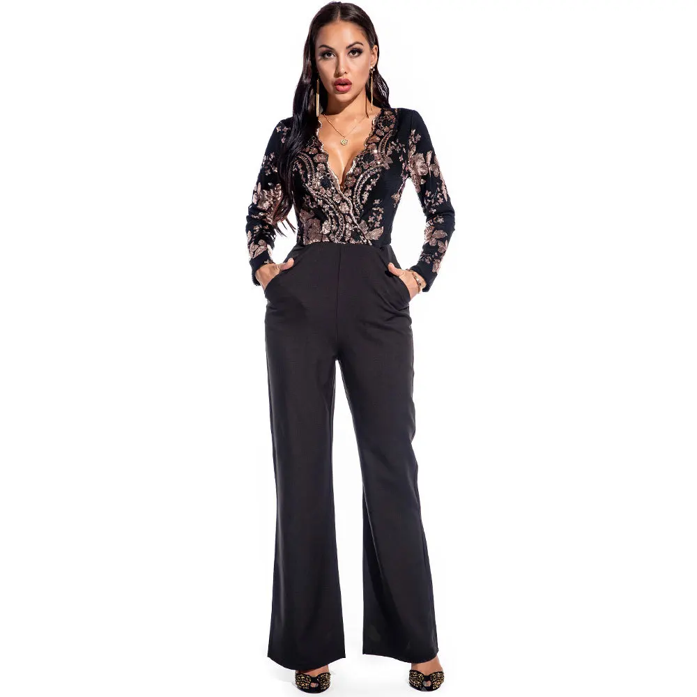 

Ocstrade Women Pantaloni Long Sleeves V-neck Elegant Jumpsuit Wide Leg Pants With Pocket Lady Bronzing Stitching Sequin Jumpsuit