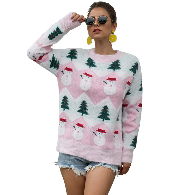 

Merry christmas sweater pink blue mohair custom jacquard pullover women knitted wholesale winter jumpers ugly christmas sweater