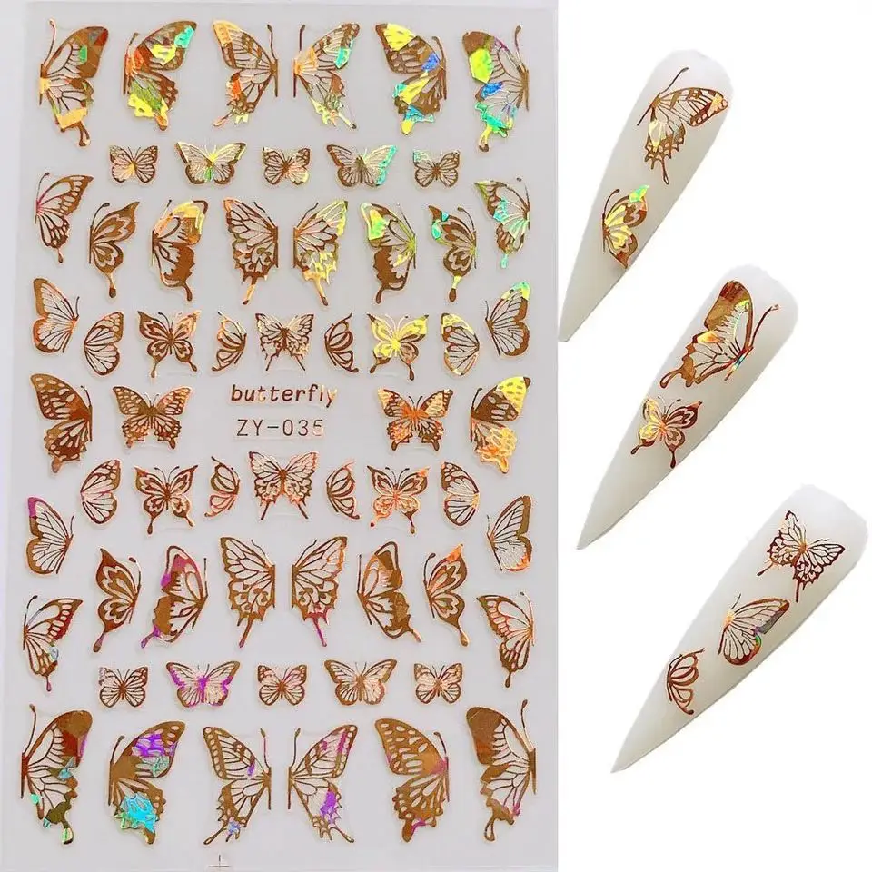 

TSZS 2020 Popular Butterfly Nail Art Stickers Decals Self Adhesive Gold Silver 3D Laser Nail Sticker, As picture