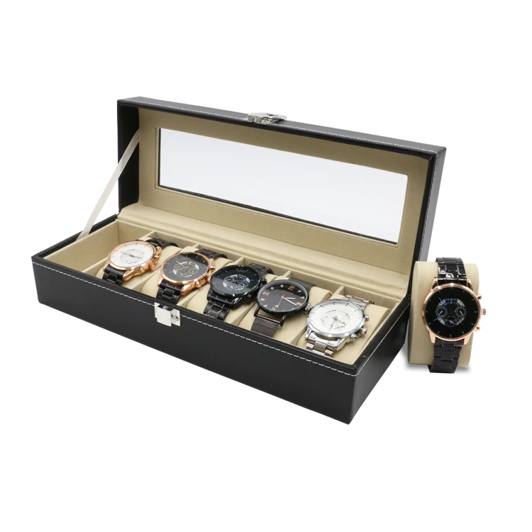 

2021 Luxury Black Watches Storage Cases With Pillow Travel Pu Leather Men Gift Rectangle 6 Slots Watch Box, Black color