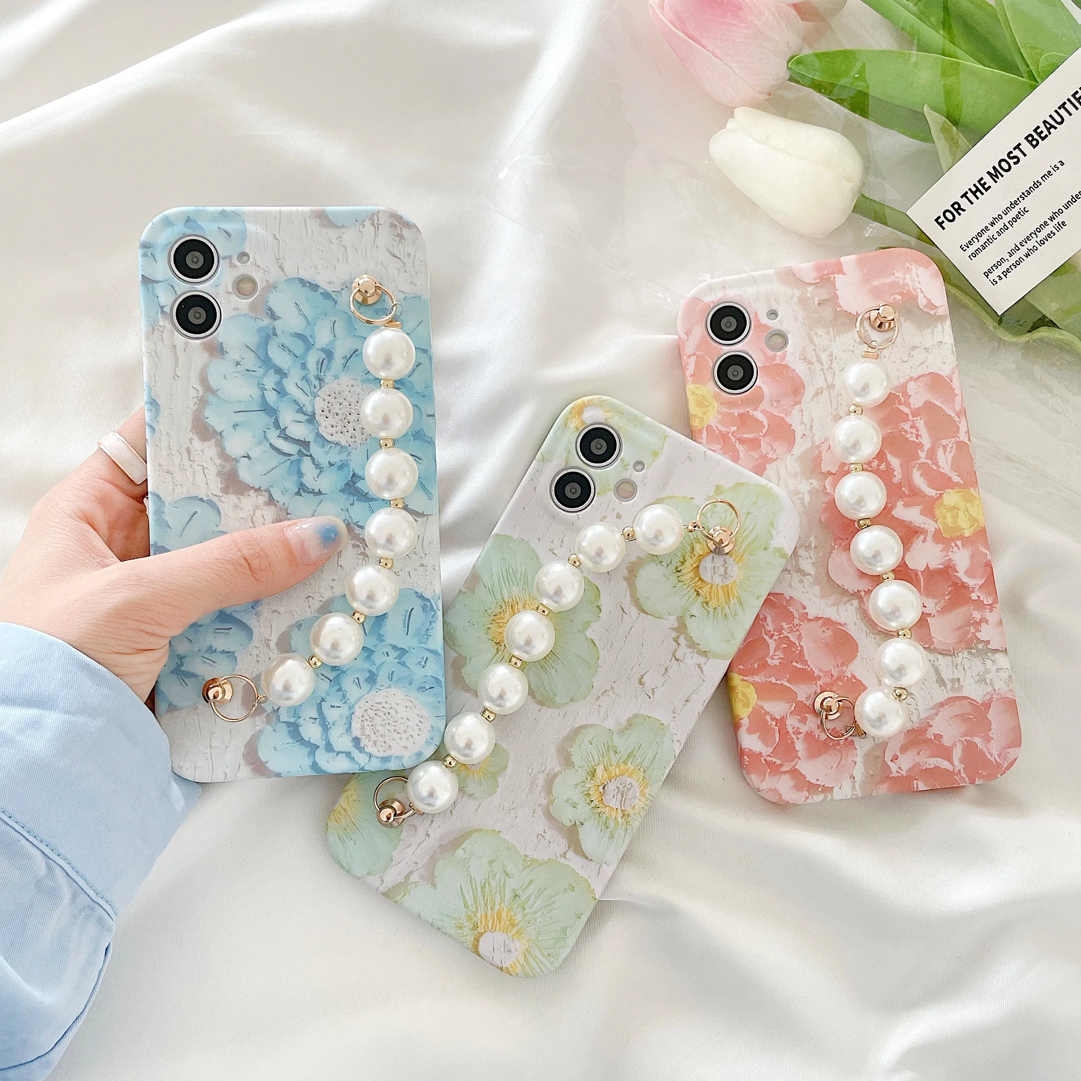 

3D Cute Oil Painting Flowers Soft Phone Case For iPhone 12 11 Pro Max X 7 8 Plus Cover With Pearl Wrist Strap Bracelets