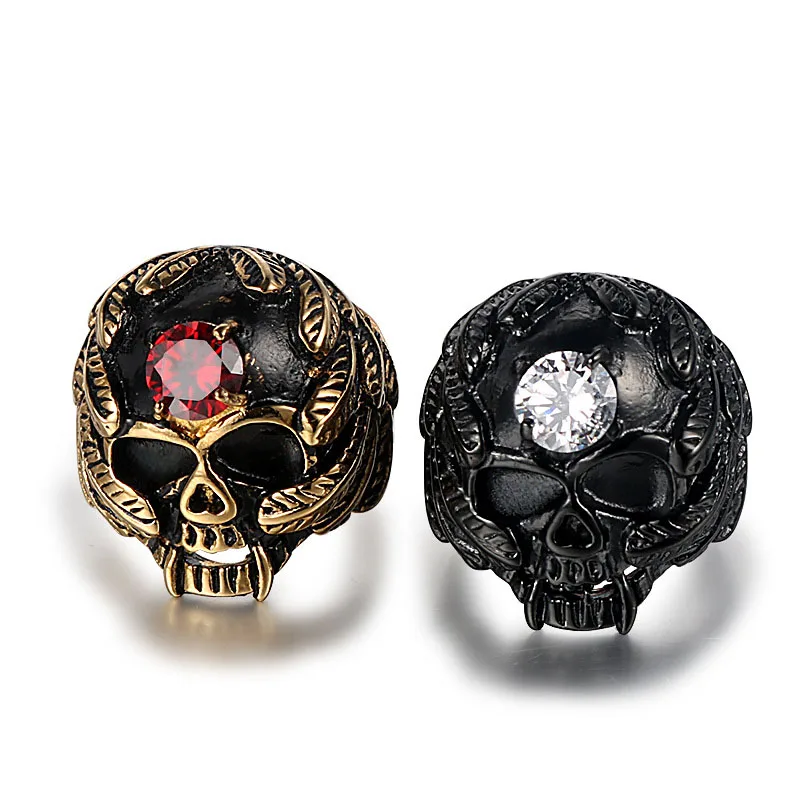 

HY040 Hot selling personality domineering diamond-studded skull titanium steel ring trendy male retro punk ring