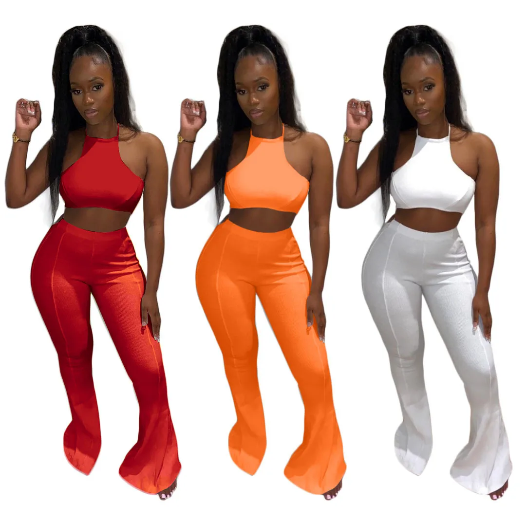 

Europe And The Pure Color Sexy Bind Hollow Out Top Bind Large Flares Two-piece Outfit Pant Sexy Two Piece Sets Women