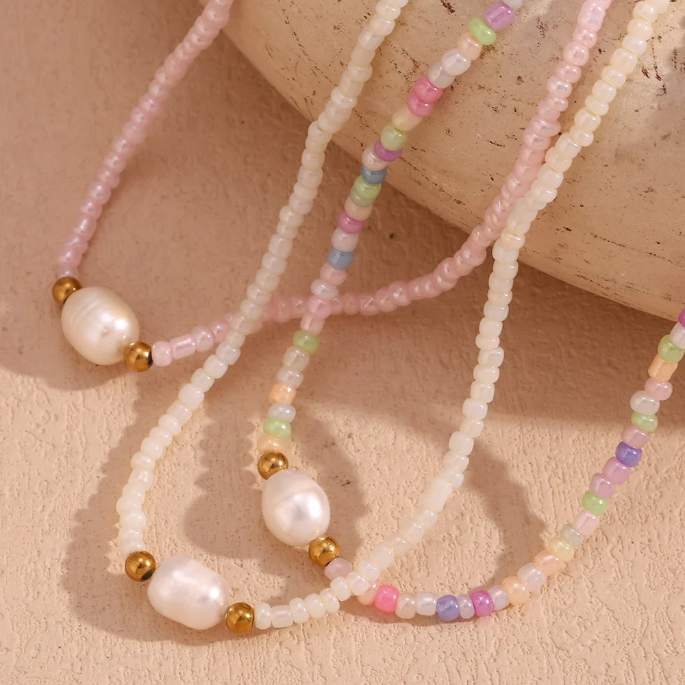 Fresh Water Pearl Necklace Colorful Choker Necklace Gold Plated Stainless Steel Charm Necklace collier en acier inoxydable