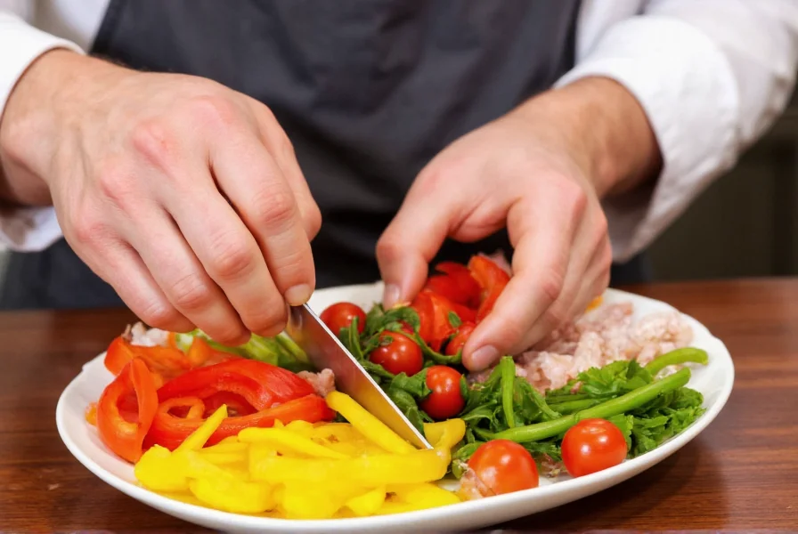 Chef's hands preparing a colorful salad with sliced mini bell peppers, cherry tomatoes, and fresh herbs
