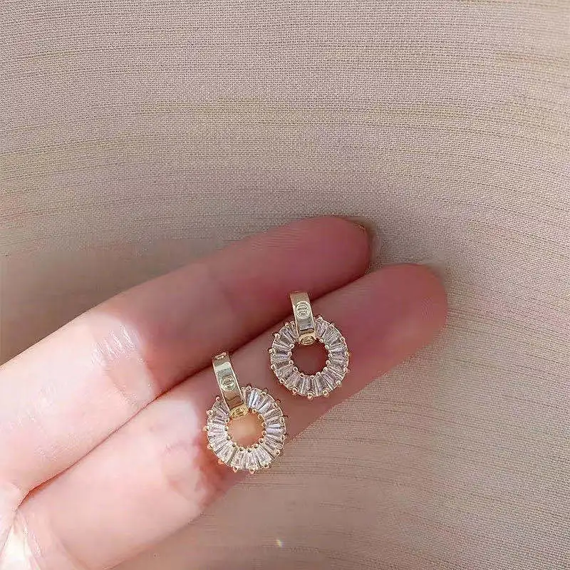

Korean Temperament Real Gold Plated Geometric Round Diamond Earring S925 Silver Needle CZ Zircon Hollow Circle Studs Earrings