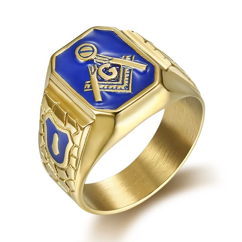 

Factory Direct Sale High Quality Fashion Trend Jewelry Gold Blue Paint Ring 316L Stainless Steel Fraternal Order Symbol Rings