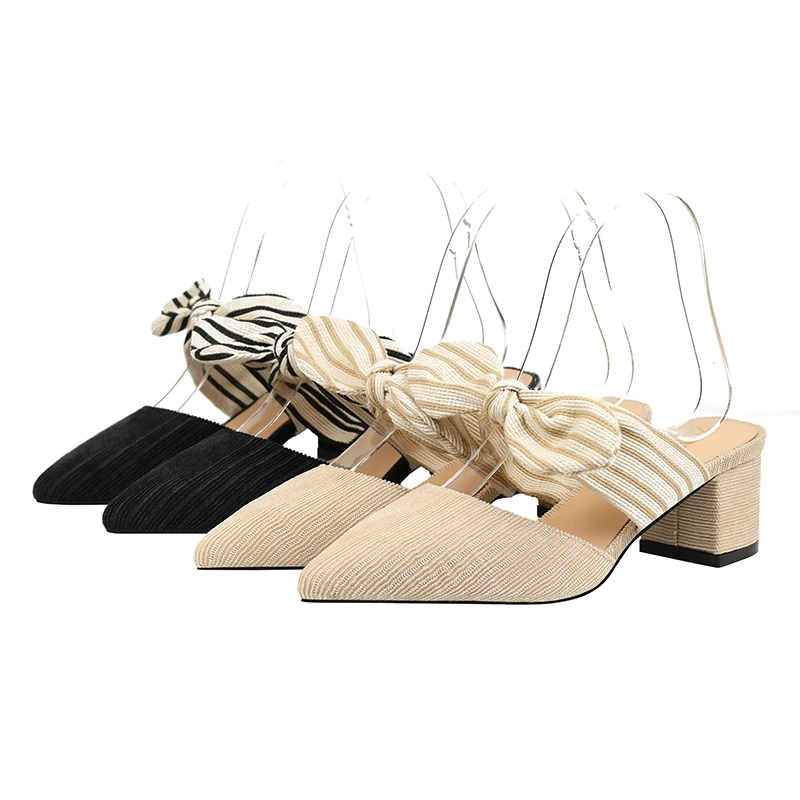 

High Quality Stripped Bow Pointed Toe Middle Heels Women Pump Office Shoes Fashion Party Wedding Fancy Bowknot Slippers