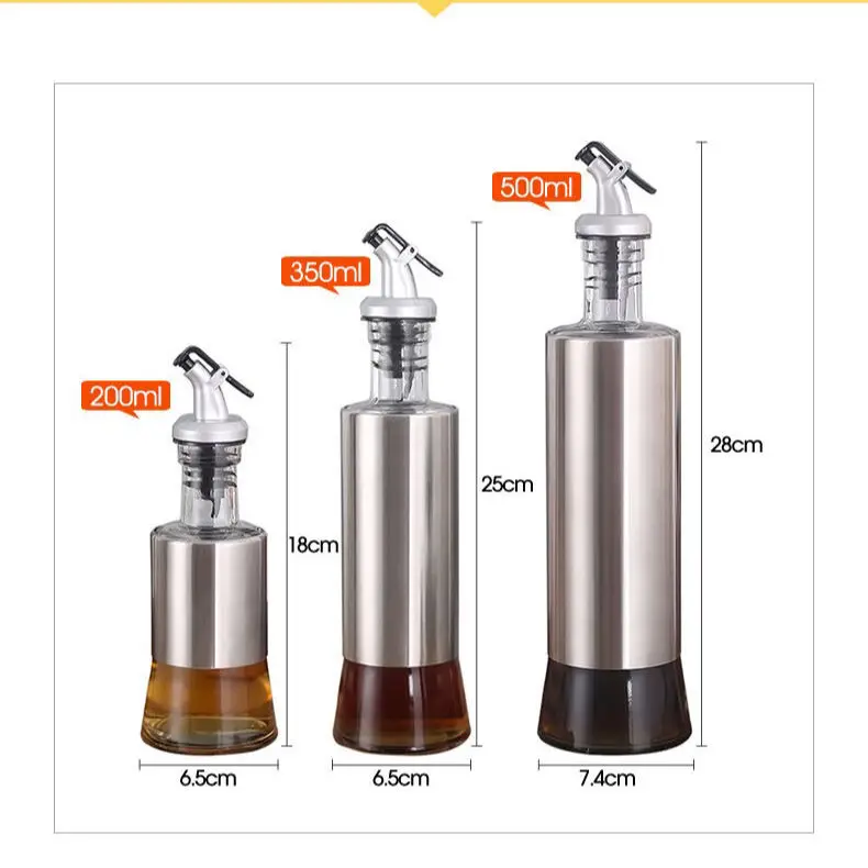 

A3726 Home Kitchen Stainless Steel Oil Can Leakproof Condiment Lecythus Vinegar Soy Sauce Glass Seasoning Bottle Set