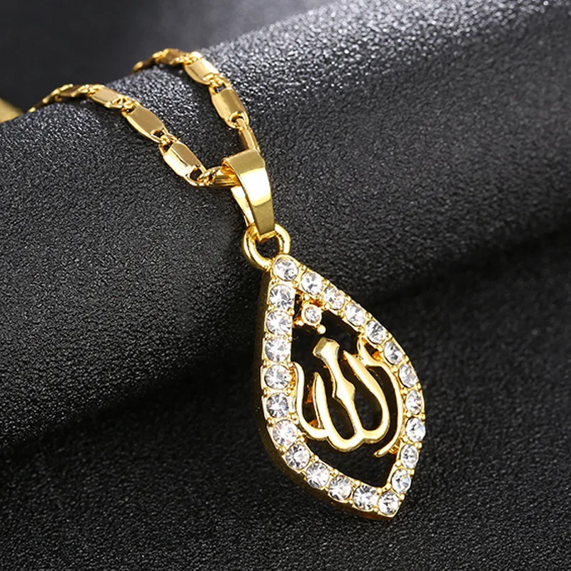 

Punk No Fade Real Gold Plated CZ Cubic Zirconia Muslim Allah Necklace Bling Diamond Crystal Arab Totem Necklace, Picture color