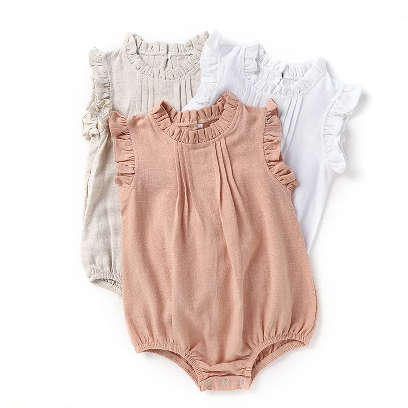 

2021 Summer Cute Baby Toddler Girls rompers ruffled flying sleeve solid color children clothes rompers, As picture show