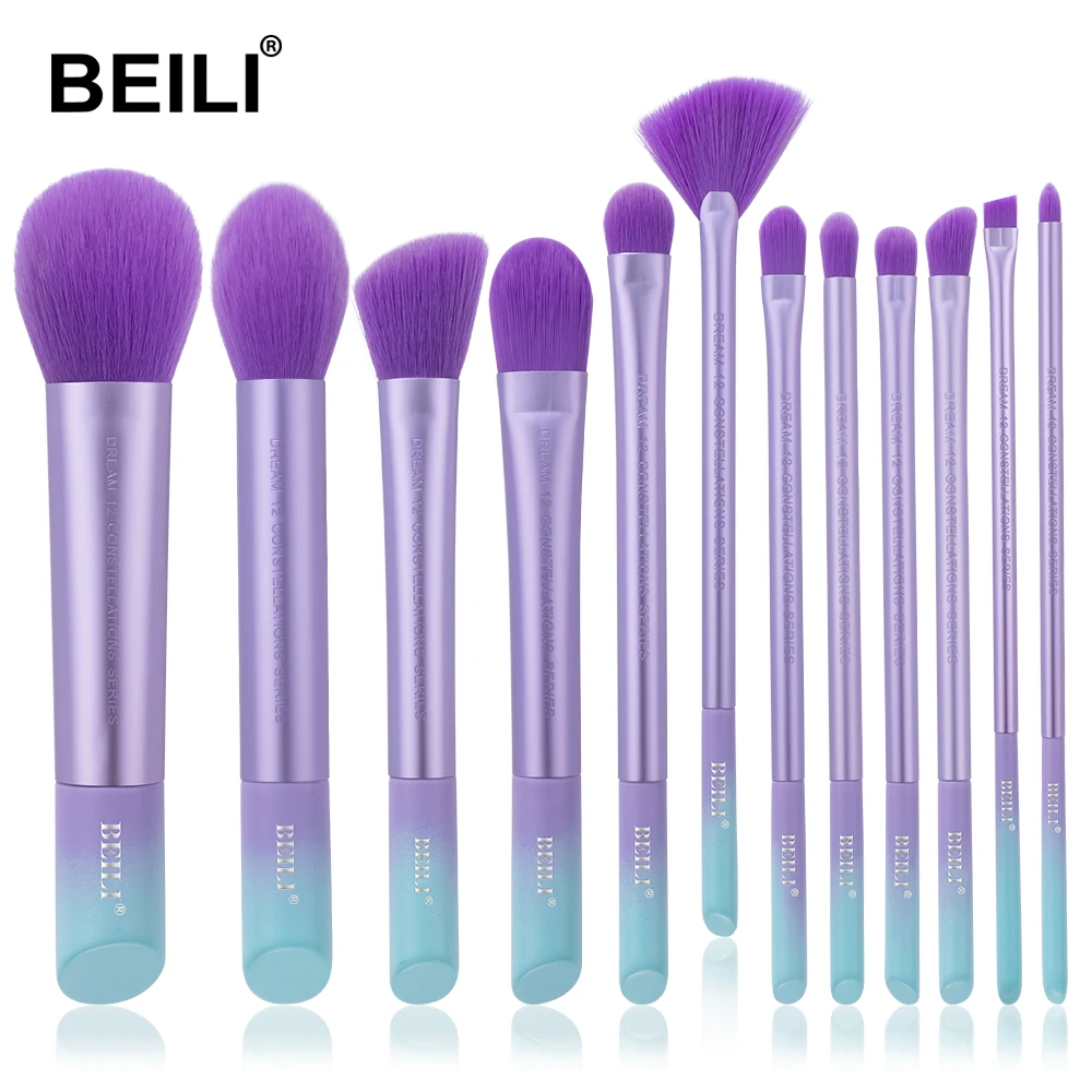 

BEILI 12pcs purple Custom logo Private Label vegan synthetic hair Cosmetic makeup brush powder Eyeshadow makeup Brush Set, Purple makeup brushes