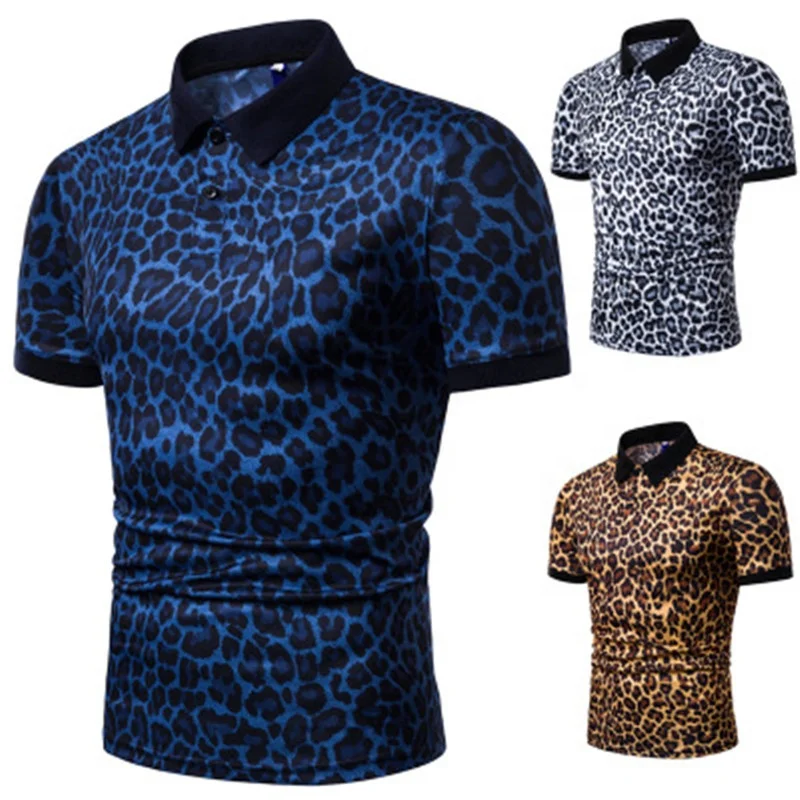 

Turn-down Collar Leopard Printed Men's Polo T-shirts, White/yellow/navy