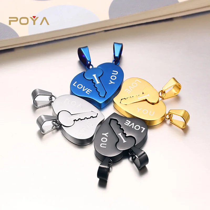 

POYA Couple Necklaces His and Hers Stainless Steel Gold Lock Key Puzzle I LOVE YOU Heart Pendant POYA Jewelry,poya Jewelry 2pcs