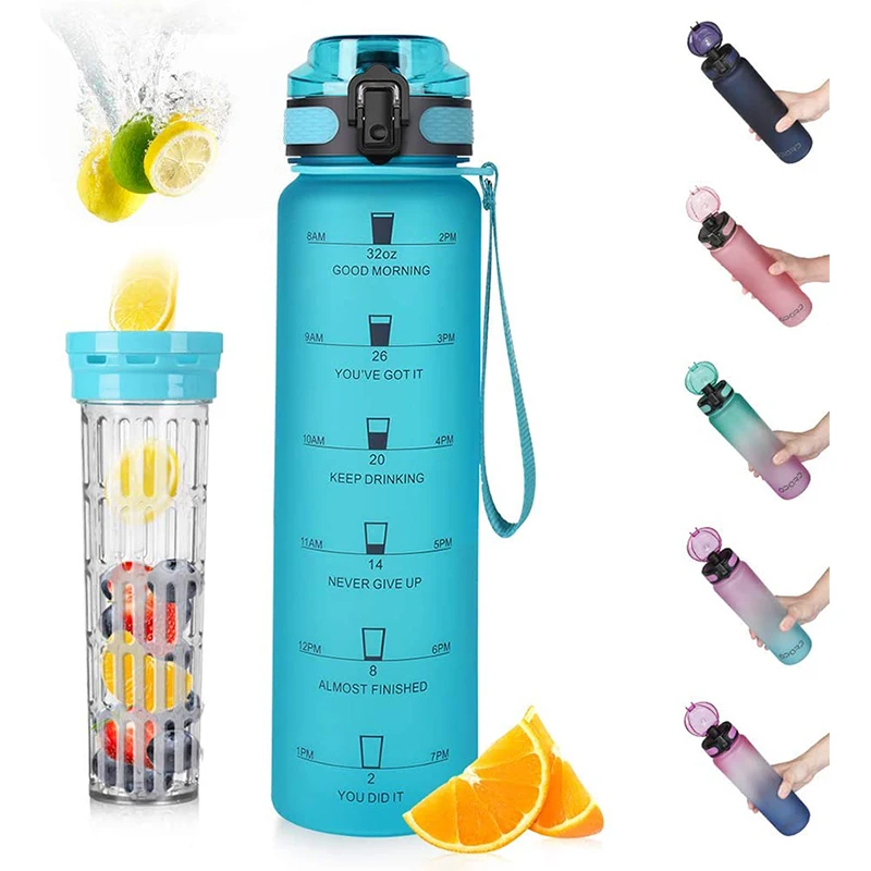 

32 oz Sports Water Bottle with Motivational Time Marker Reusable BPA Free Tritan Bottle with Filter enough water for fitness, Customized color acceptable