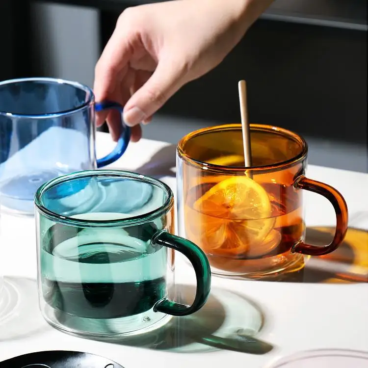 

Reusable colored borosilicate coffee cup double wall glass cup with handle, Clear