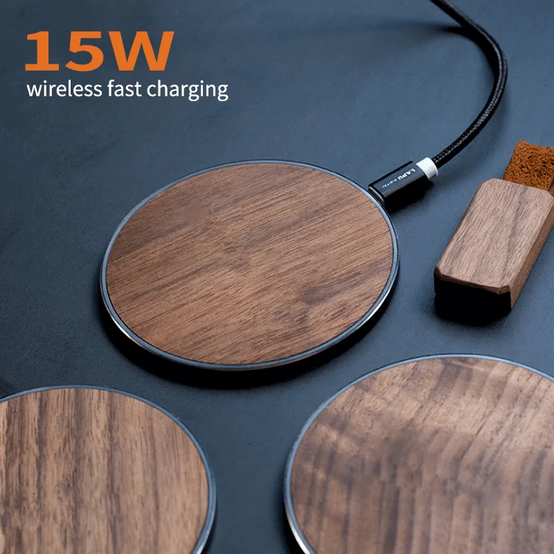 

2021 New Round Wooden Wireless Charger 15W Fast Charge Walnut Maple Wood Craft Gift Mobile Phone Wireless Fast Charger, White/black