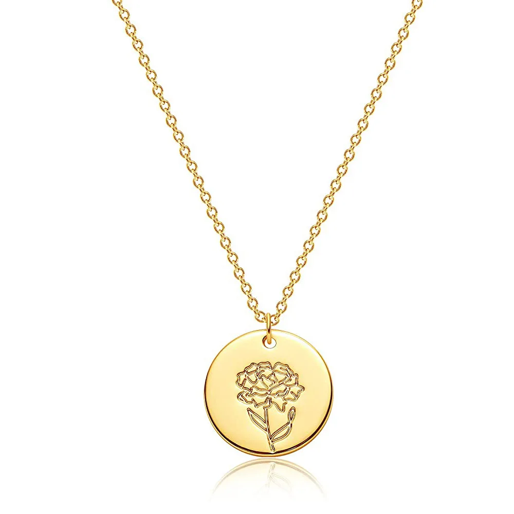 

Flower Necklace Gold Engraved Custom Floral Pendant Necklaces Dainty Birth Month Flower Disc Charm Hand, Gold color