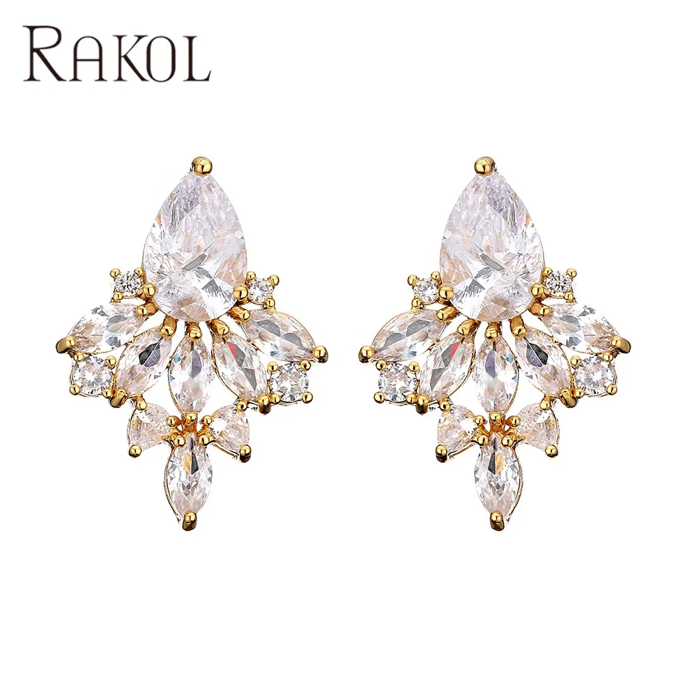 

RAKOL EP1081 18 k gold plated hollow inlaid crystal high quality tear drop zircon wedding earrings ladies fashion cluster stud