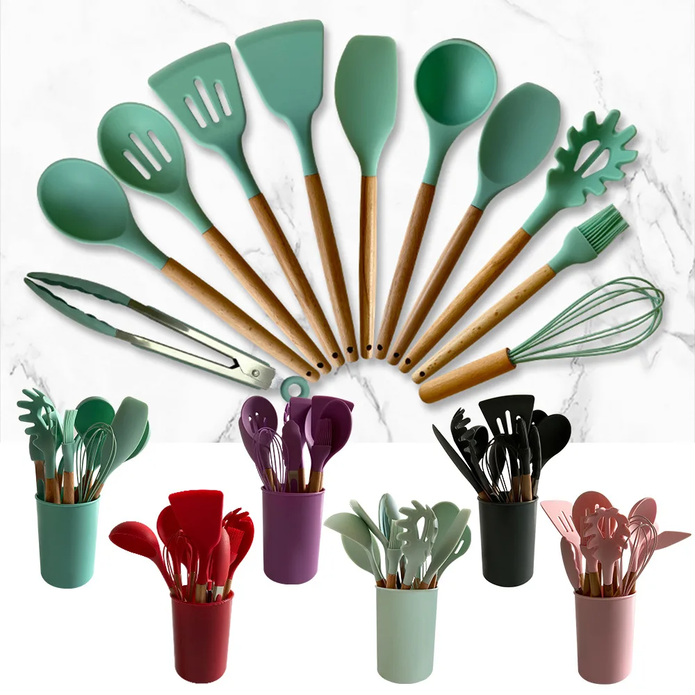 

Kitchen Accessories Cooking Tools silicone kitchen utensil set of 11 pieces with storage bucket color box, Gray/black/red/black/lake green/green/pink/purple