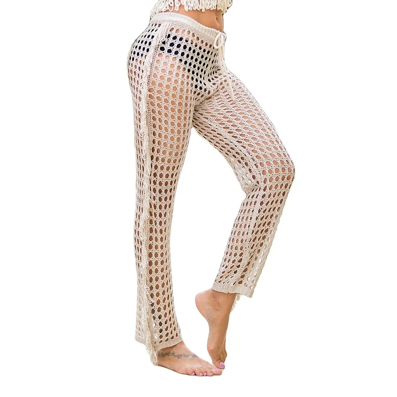 

Womens Hollow beach pants High waist bandage both sides Fringed Crochet beach pants Bikini Cover Up Pants