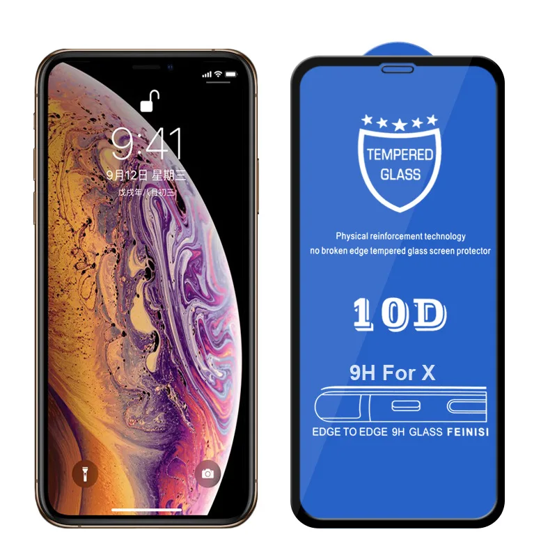 

9H 10D Full Curved Tempered Glass Screen Protector for iphone xs max xr x 8 7 plus 6 6s 11 12 pro max protective glass film, Black