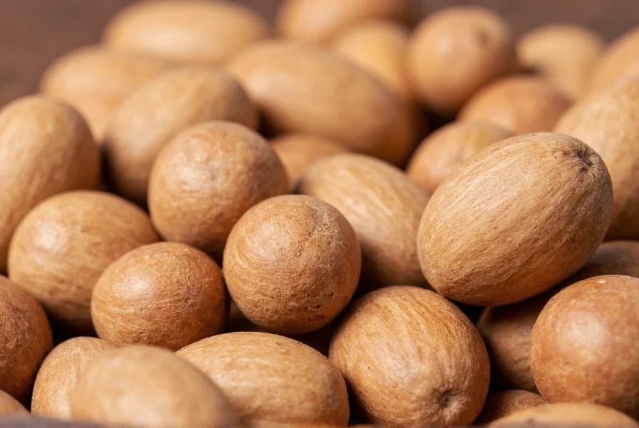 Close-up of freshly grated nutmeg on wooden spoon with whole nutmeg seeds